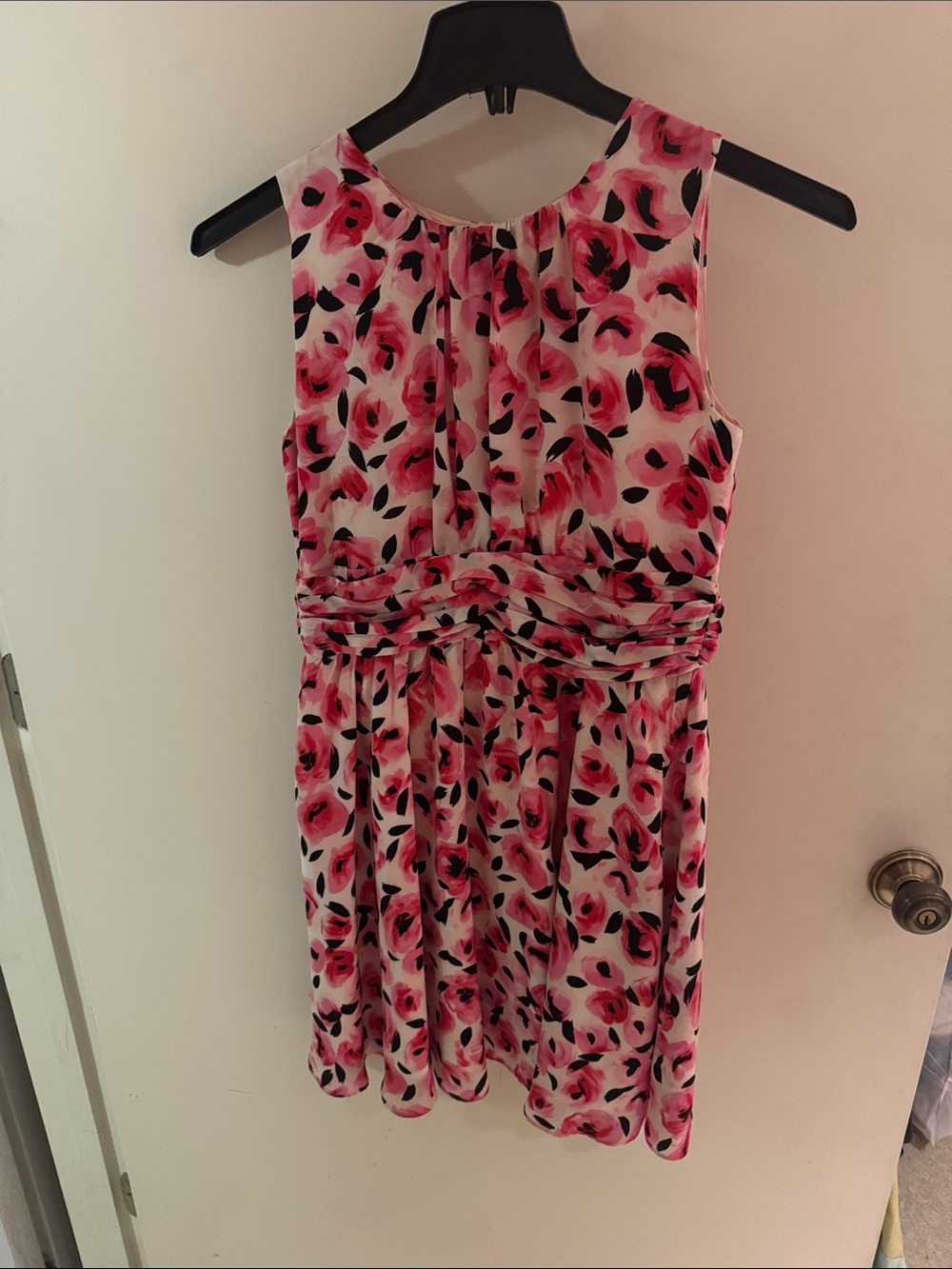 kate spade Pink and Black Floral Gathered-Waist Sleeveless Dress